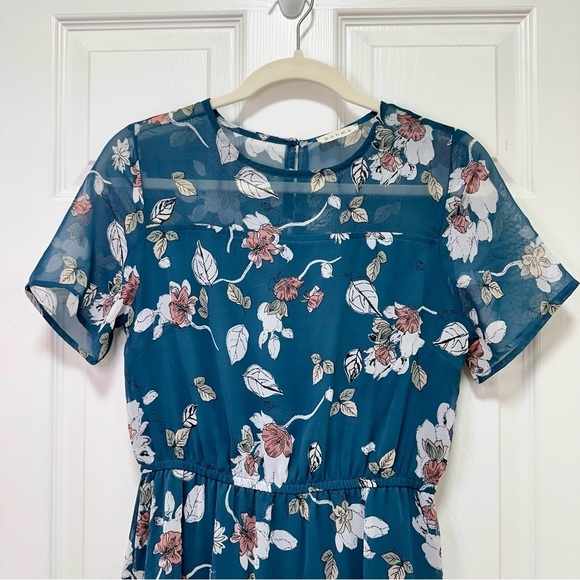 Bohme Teal Floral Sheer Overlay Midi Dress Size S - Picture 6 of 13